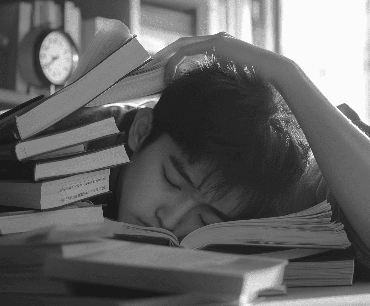 Stressed student studying